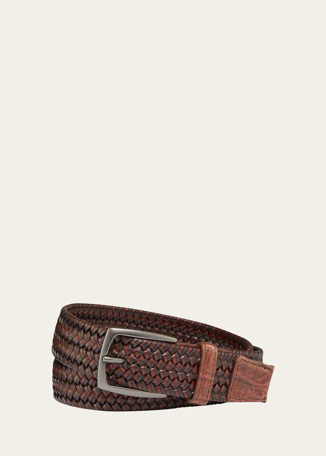 W. Kleinberg Men's Woven Leather Stretch Belt with Crocodile Trim  - CIGAR - Size: 32in / 80cm Product Image