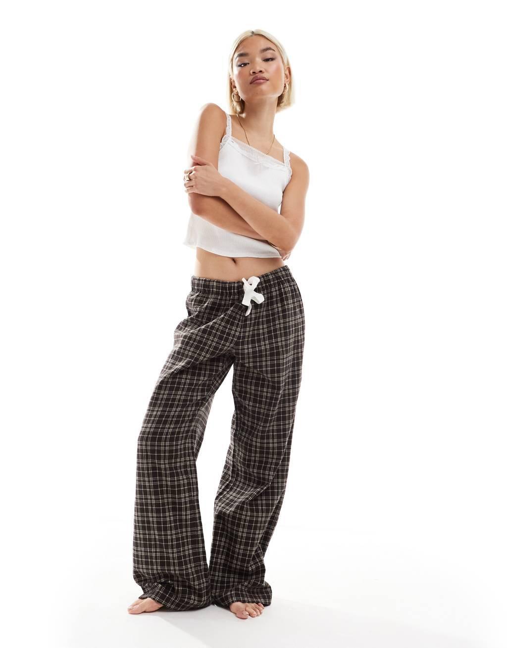 Monki pajama flannel pants in brown plaid Product Image