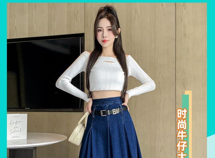 High Waist Washed Pleated Maxi A-Line Denim Skirt / Belt Product Image