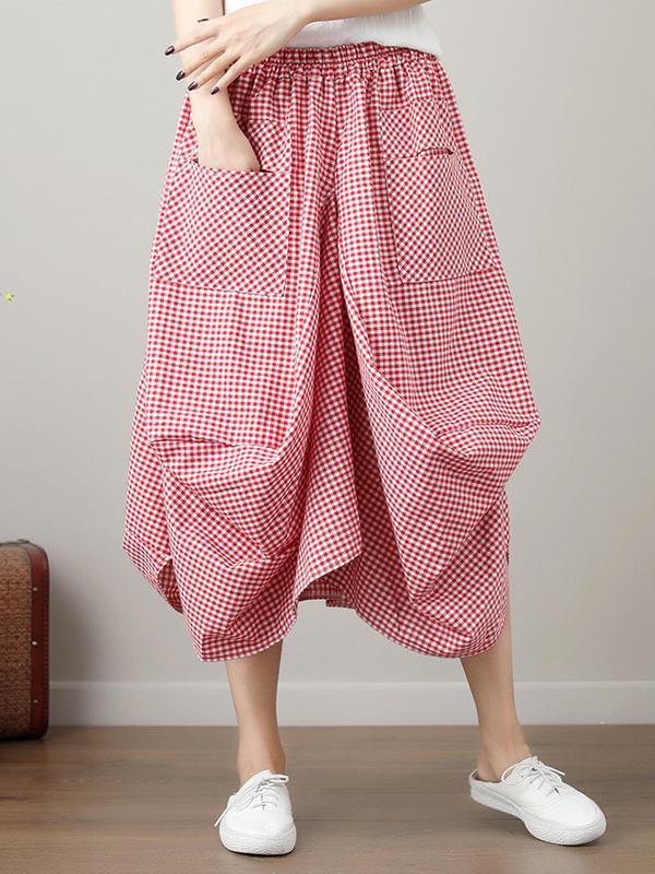 High Waisted Irregularity Elasticity Plaid Pleated Pockets Skirts Product Image