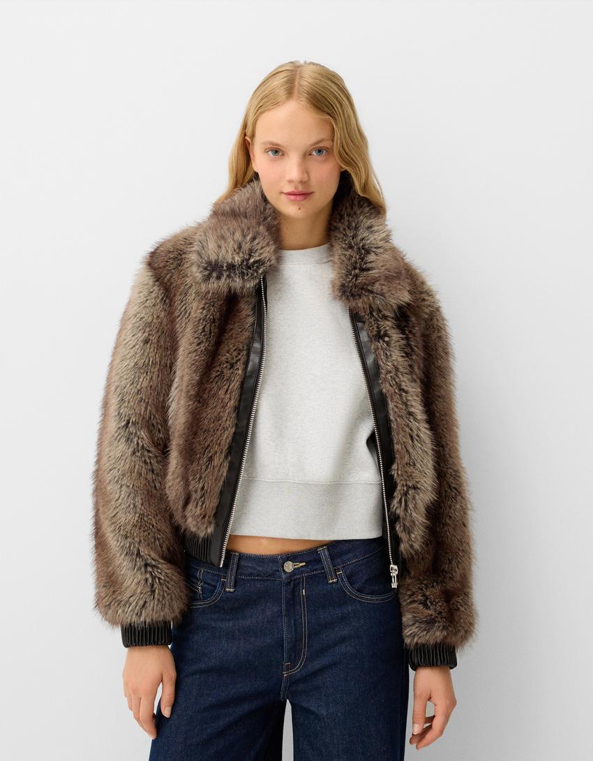 Faux fur jacket with contrast leather effect detail product image