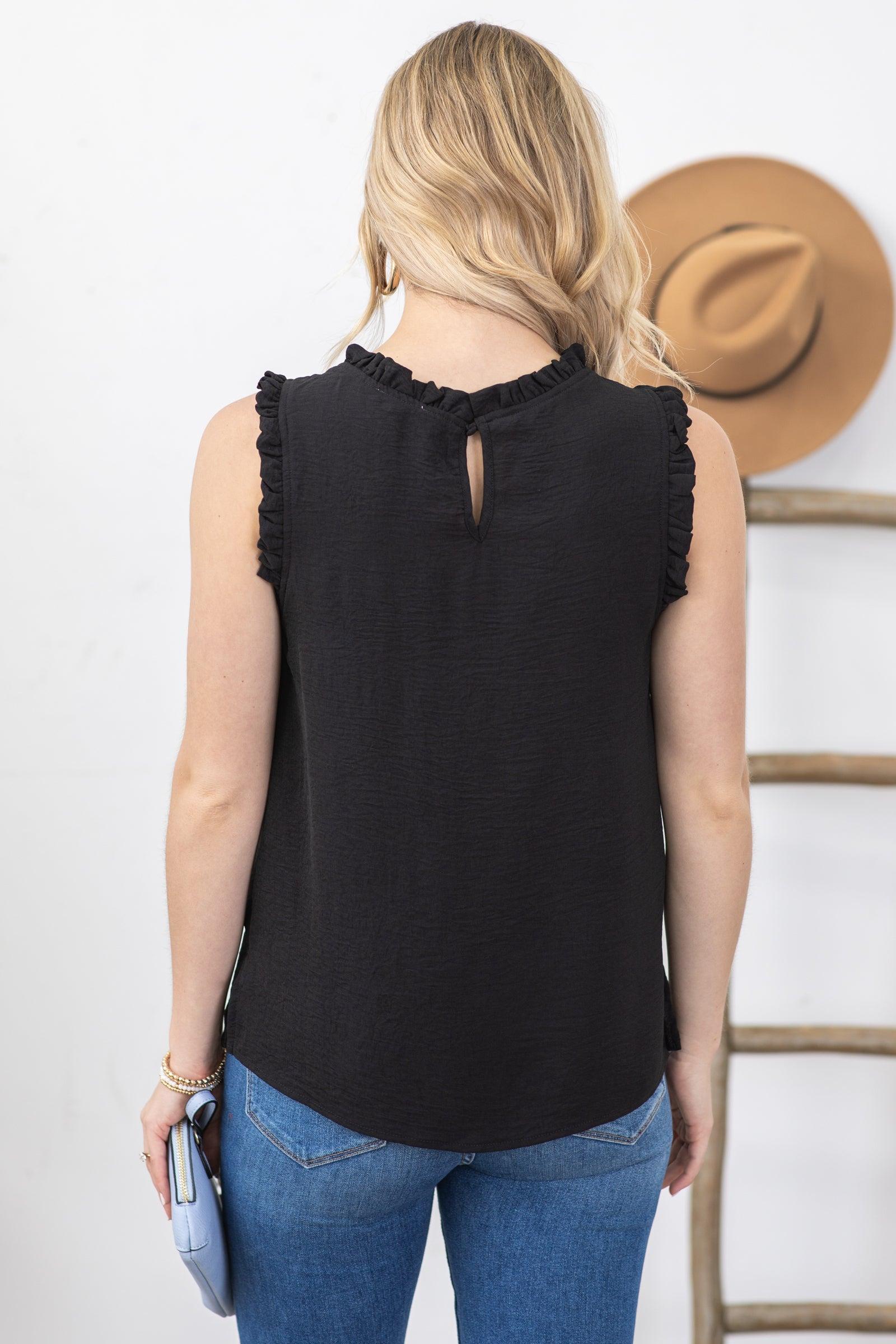 Black Solid Mock Neck With Ruffle Woven Top Product Image