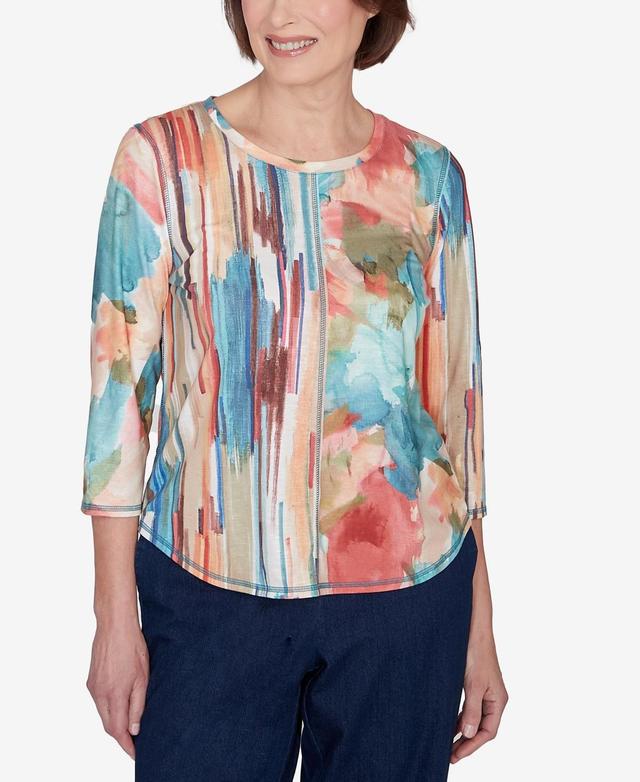 Alfred Dunner Sedona Sky Womens Spliced Floral Brushstroke Stripes Top Product Image