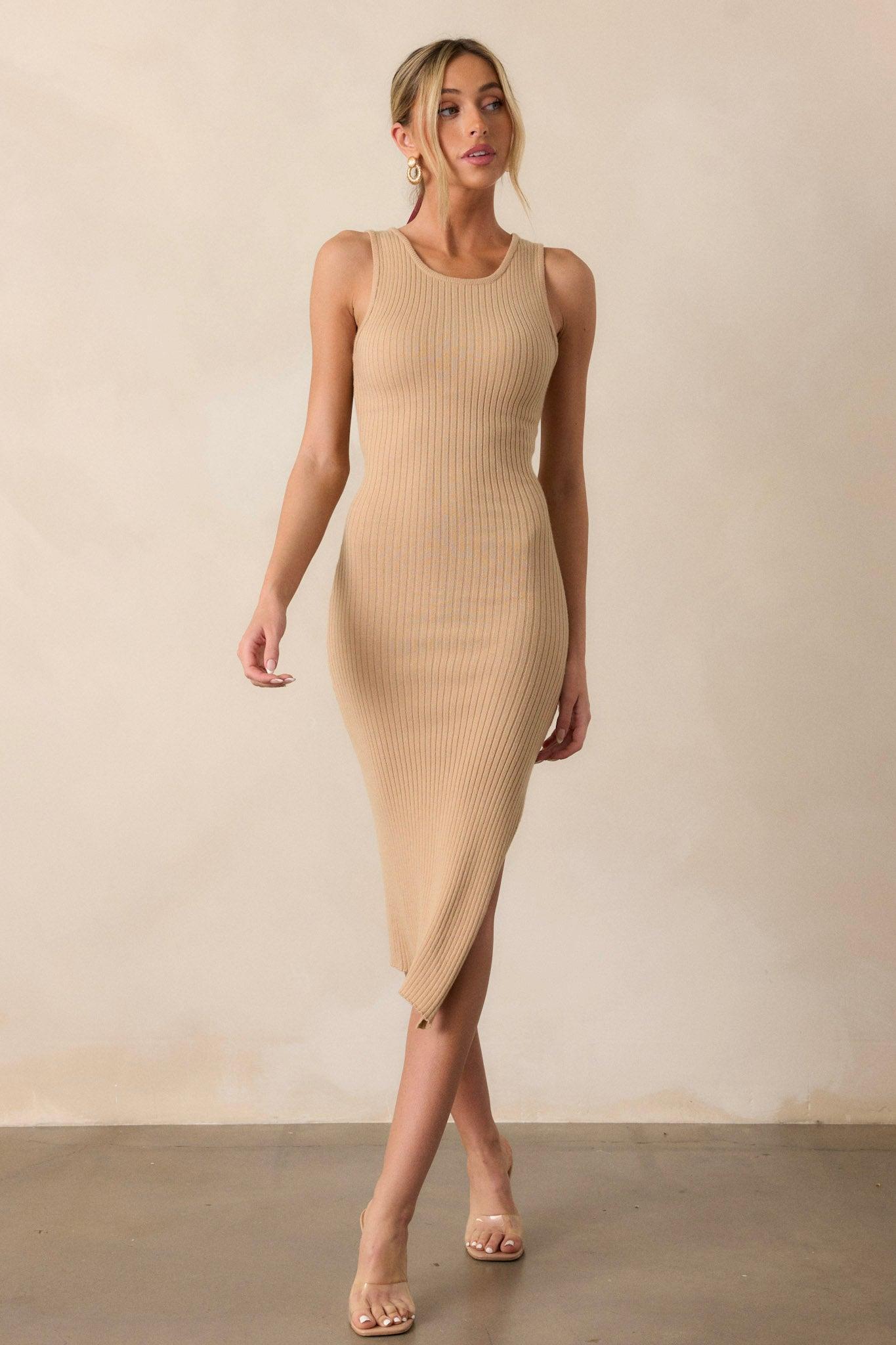 Moonlit Meadow Taupe Bodycon Midi Dress Product Image