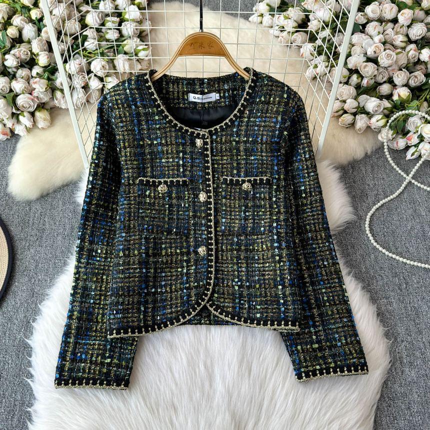 U-Neck Tweed Button-Up Crop Jacket Product Image