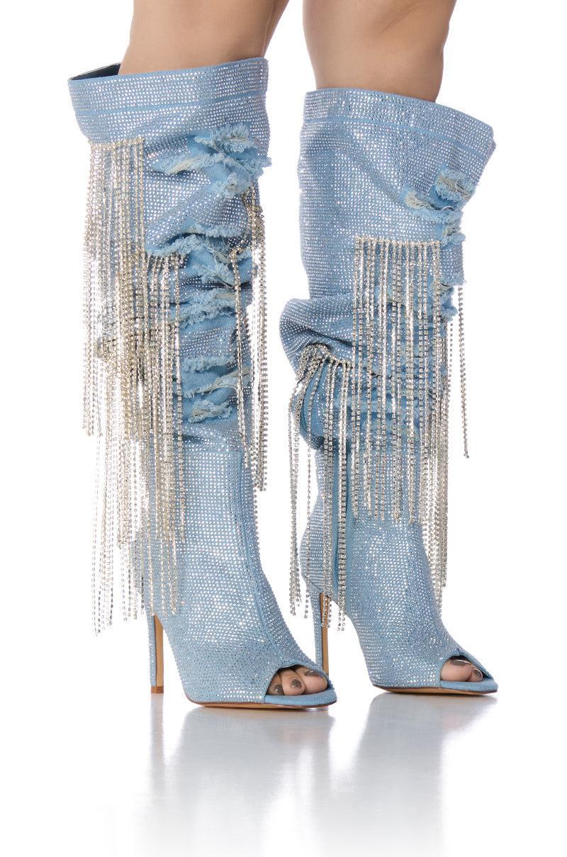 AZALEA WANG MADILYN RHINESTONE DENIM PEEP TOE BOOT Product Image