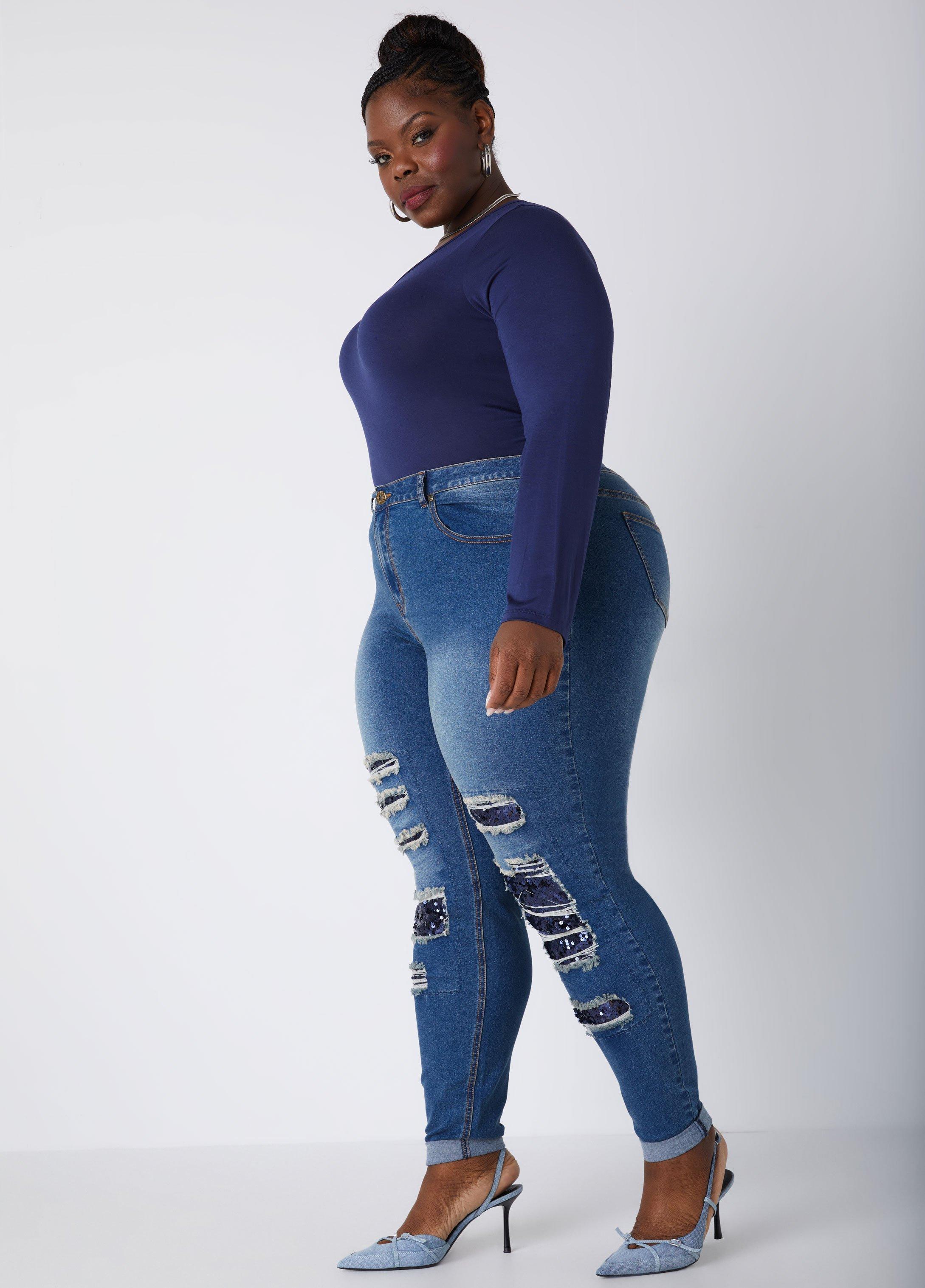 Plus Size Sequined High Rise Skinny Jeans Ashley Stewart Product Image