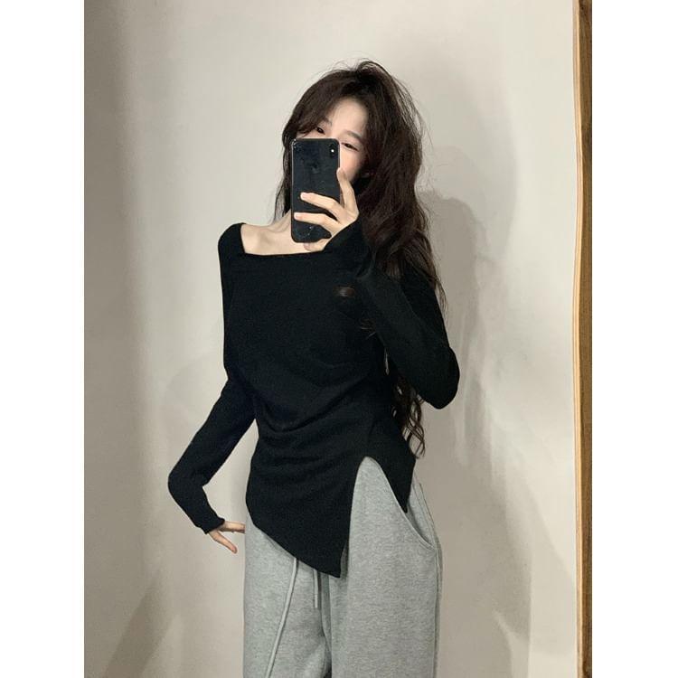 Long Sleeve Square Neck Plain Asymmetrical Ruched Top Product Image