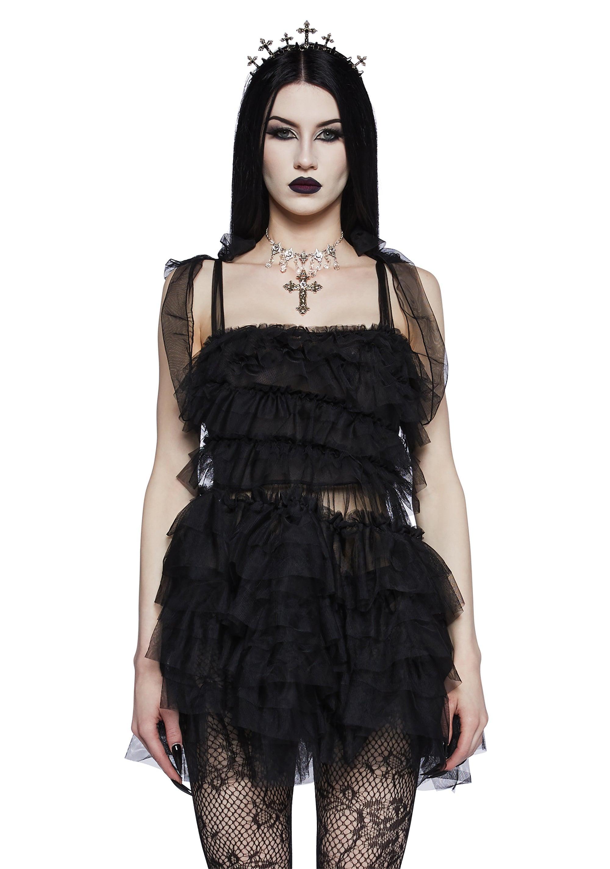 Widow Ruffled Sheer Babydoll Dress - Black Product Image