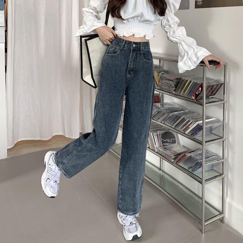 High Waist Washed Straight Leg Jeans Product Image