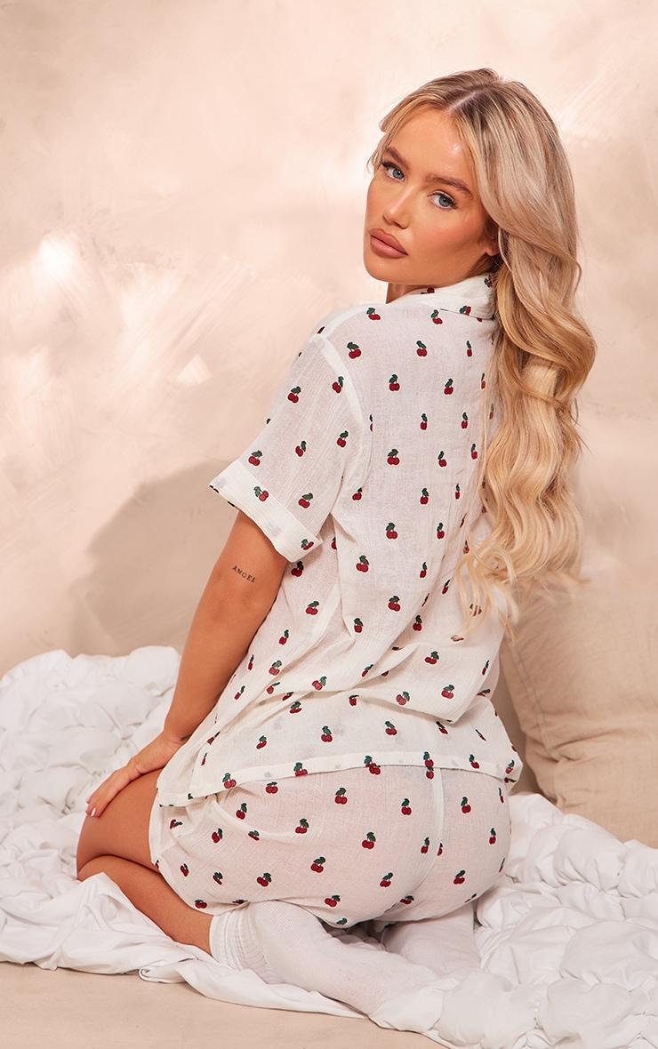 White Cherry Print Crinkle Short Sleeve Pj Set Product Image