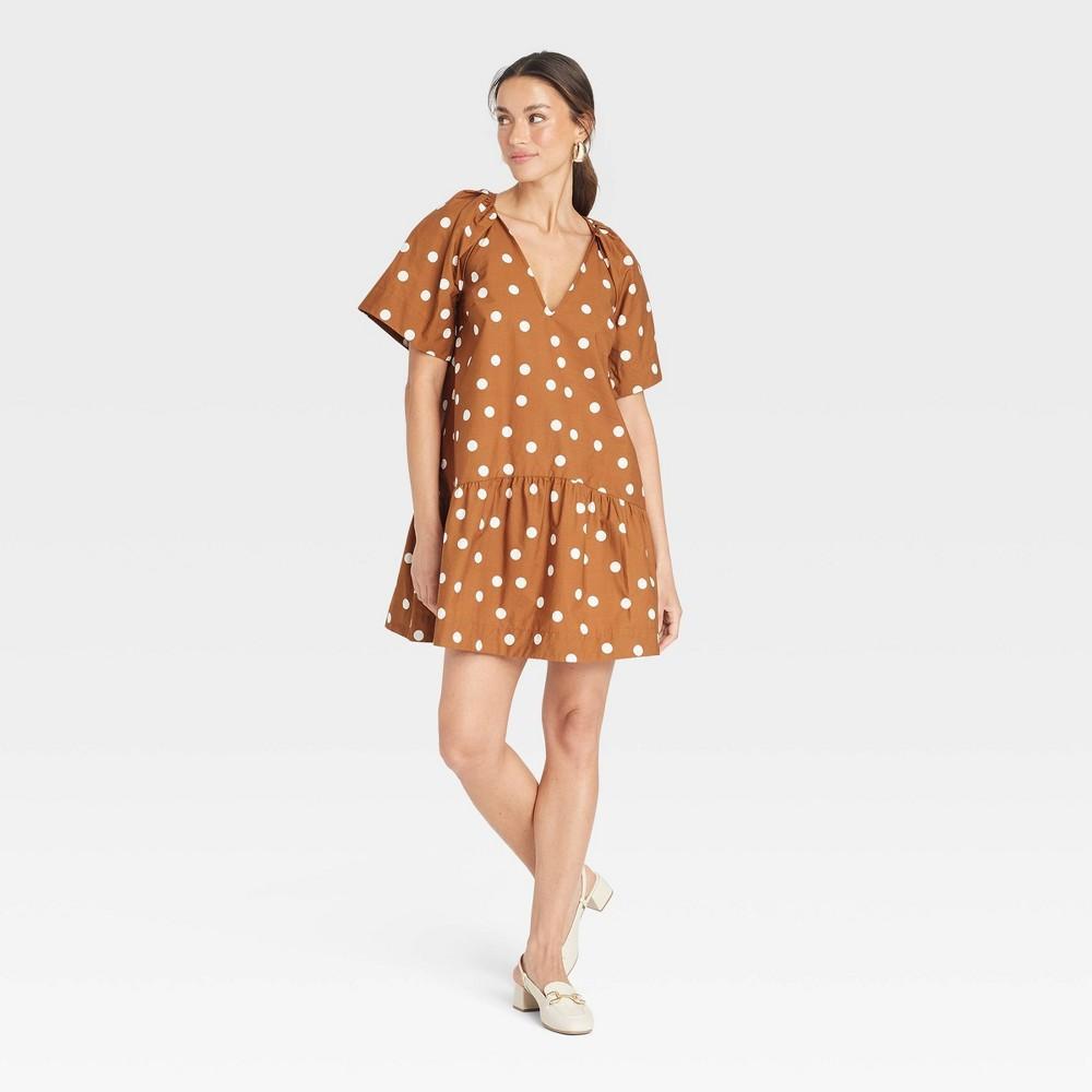 Women's Flutter Short Sleeve Mini Poplin Dress - A New Day™ Brown Polka Dots L Product Image