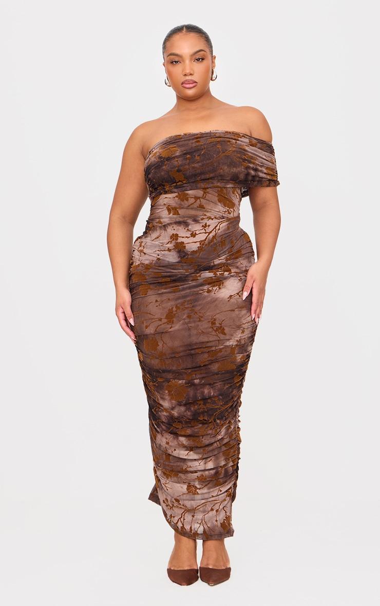 Plus Brown Drape Ruched Devore Maxi Dress product image