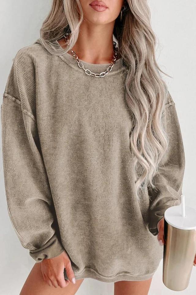 Olivia Mark – Textured Ribbed Knit Round Neck Pullover Sweatshirt in a Neutral Tone Product Image