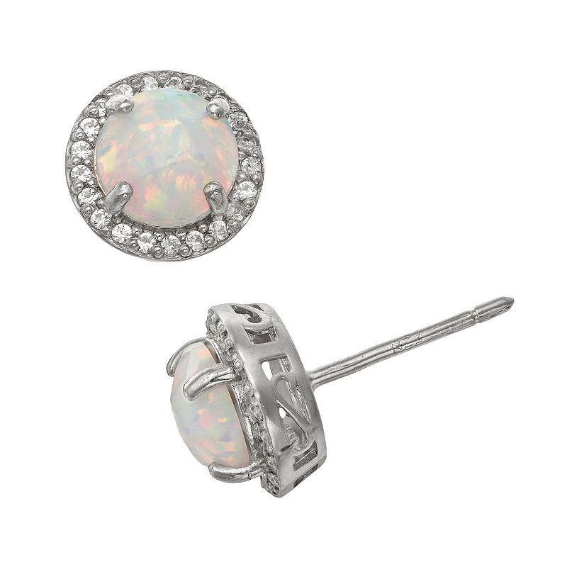 Sterling Silver Lab-Created Opal and Lab-Created White Sapphire Halo Stud Earrings, Womens Product Image