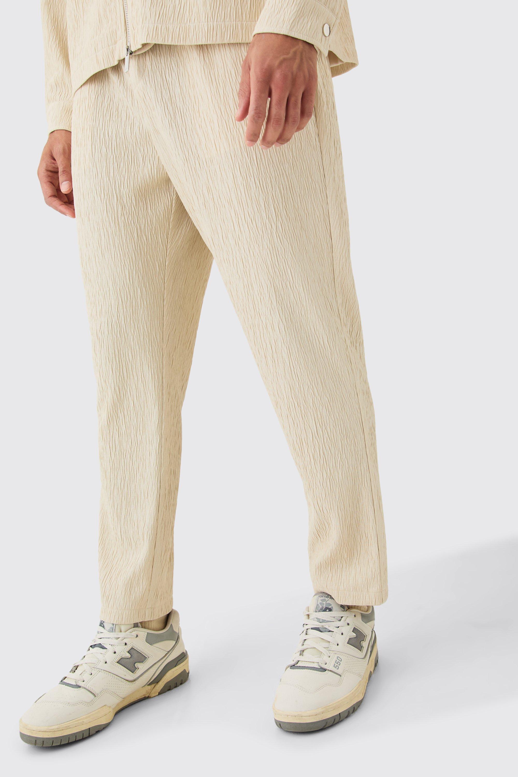 Mens Cream Textured Satin Elasticated Waist Tapered Trousers, Cream Product Image