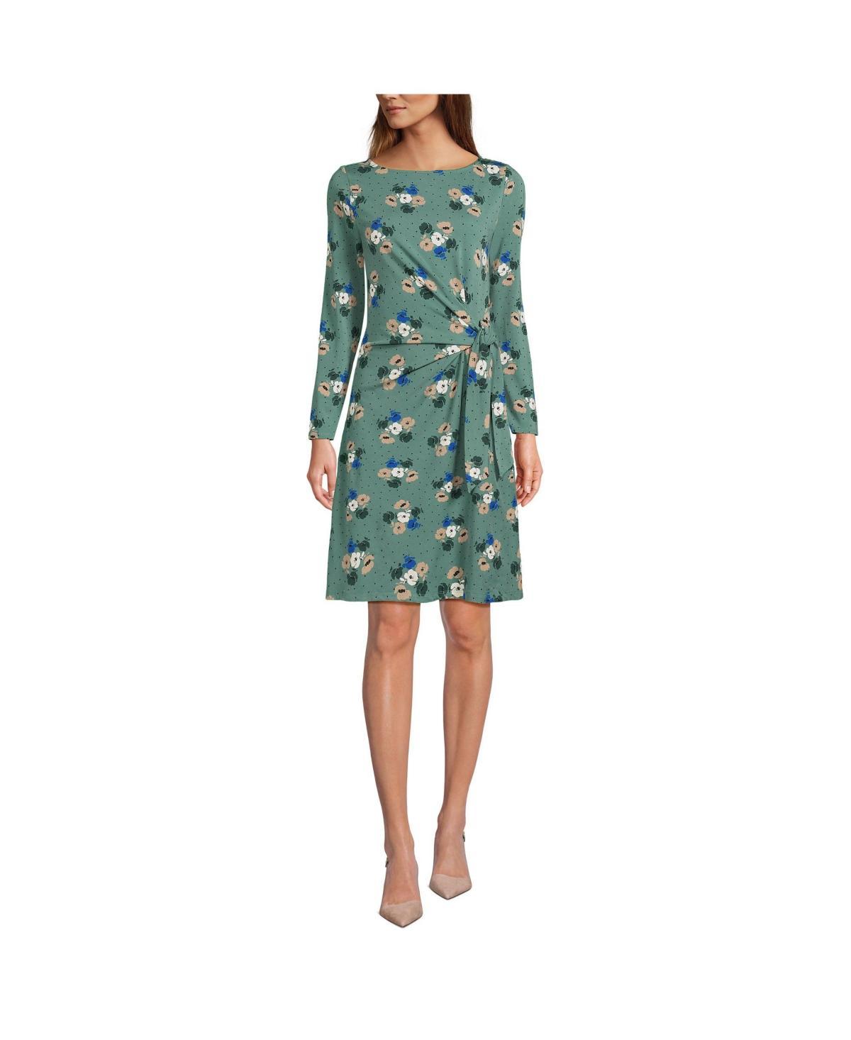 Womens Lands End Long Sleeve Boatneck Tie-Waist Mini Dress Deep Blue Wildflower Product Image