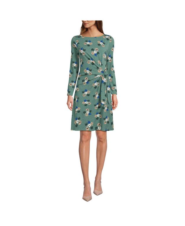 Womens Lands End Long Sleeve Boatneck Tie-Waist Mini Dress Green Dot Floral Product Image