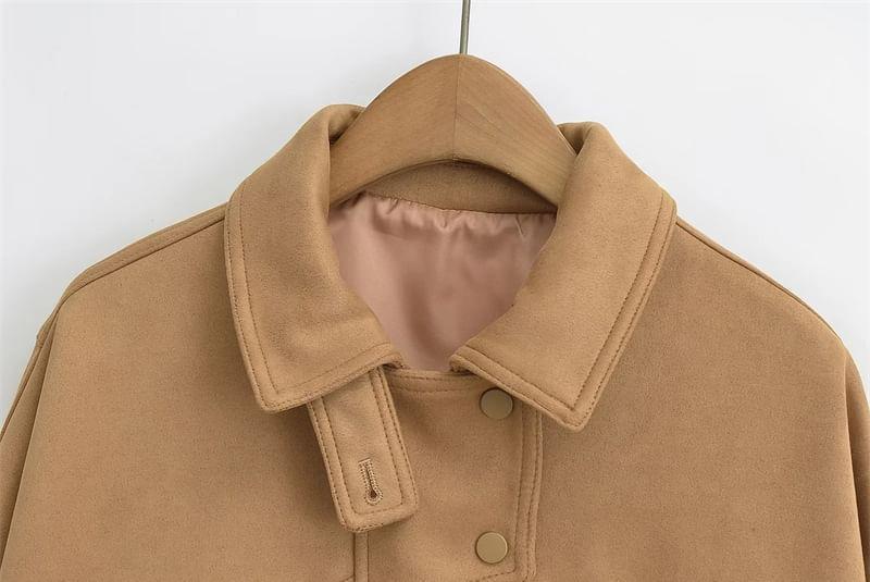 Collared Plain Zip-Up Faux Suede Jacket Product Image