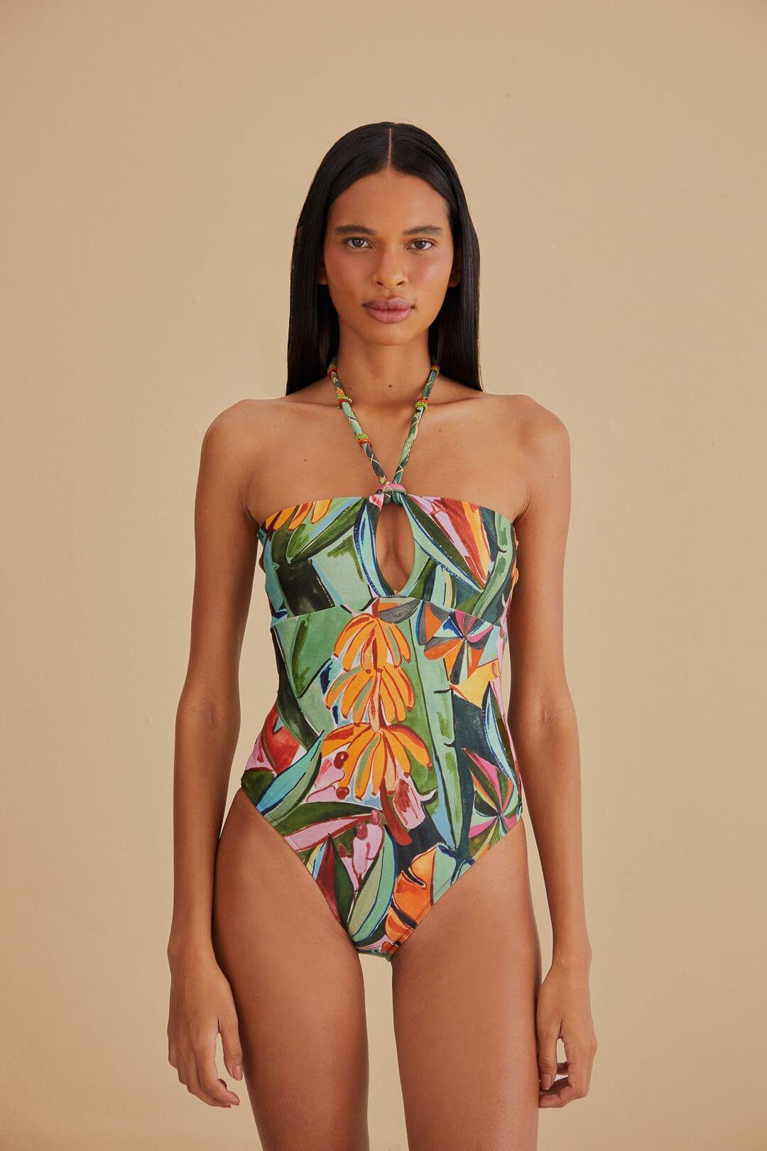 Womens Banana Foliage Halter One-Piece Swimsuit Product Image