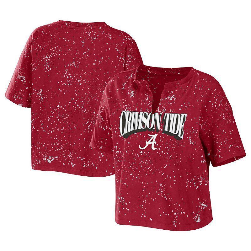 Womens WEAR by Erin Andrews Crimson Alabama Crimson Tide Bleach Wash Splatter Cropped Notch Neck T-Shirt Product Image