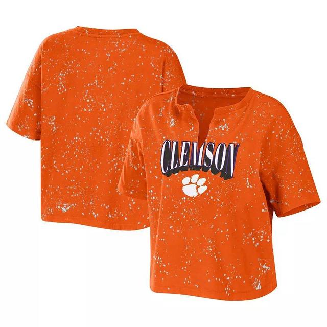 Womens WEAR by Erin Andrews Clemson Tigers Bleach Wash Splatter Cropped Notch Neck T-Shirt Product Image