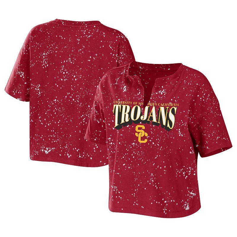 Womens WEAR by Erin Andrews Cardinal USC Trojans Bleach Wash Splatter Cropped Notch Neck T-Shirt Product Image