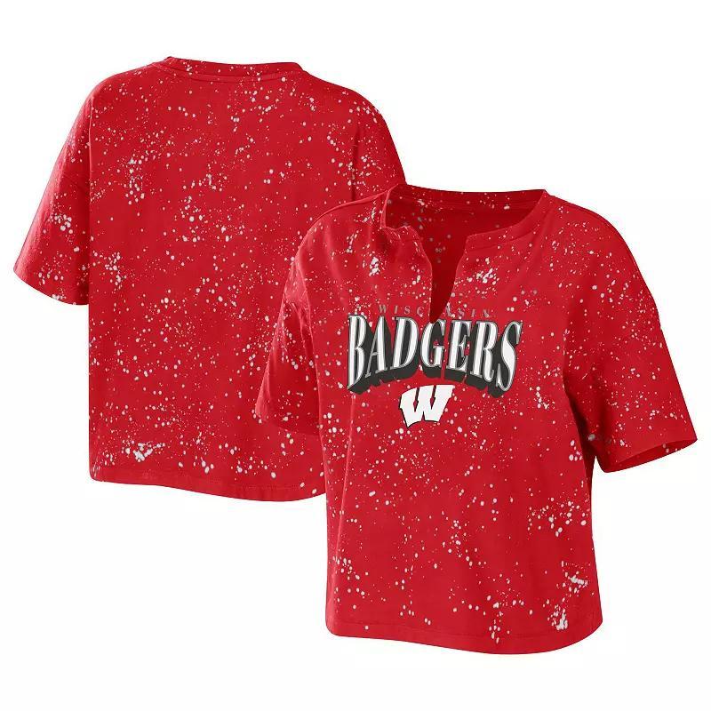 Womens WEAR by Erin Andrews Wisconsin Badgers Bleach Wash Splatter Cropped Notch Neck T-Shirt Product Image