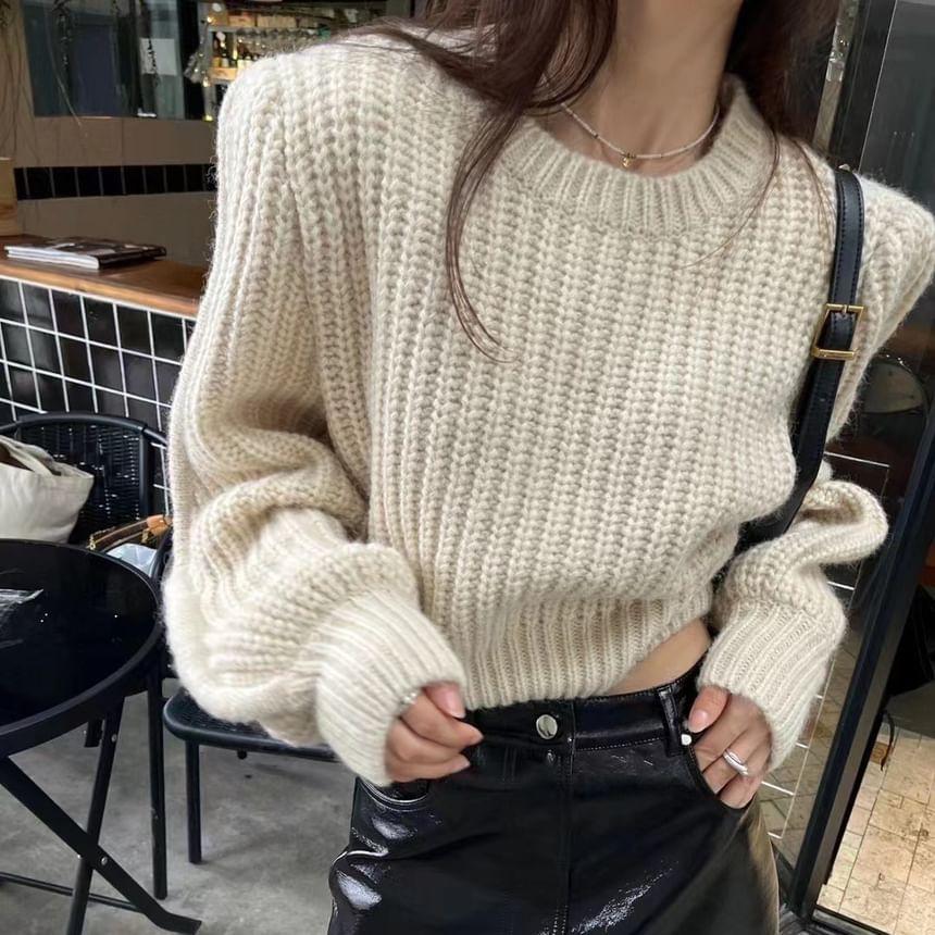 Long-Sleeve Round Neck Plain Crop Sweater Product Image