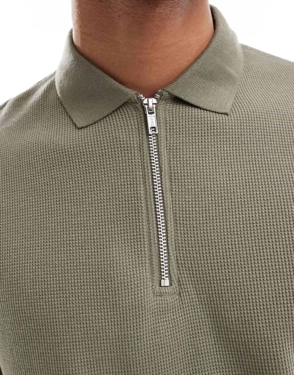 ASOS DESIGN waffle polo with zip in khaki Product Image