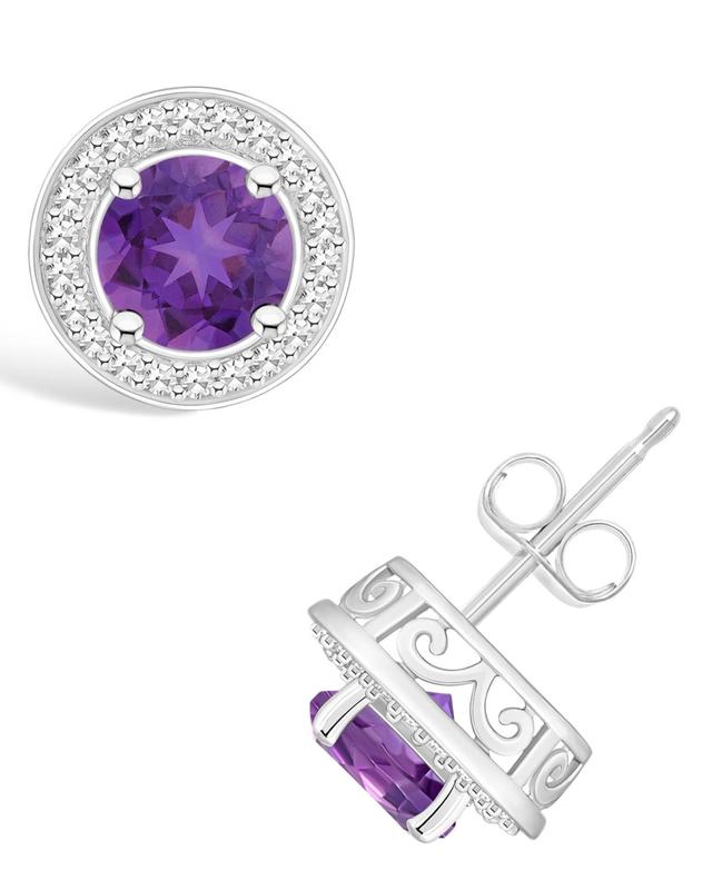 Celebration Gems Sterling Silver Round Gemstone & 1/5 Carat T.W. Diamond Halo Stud Earrings, Womens, Purple Product Image