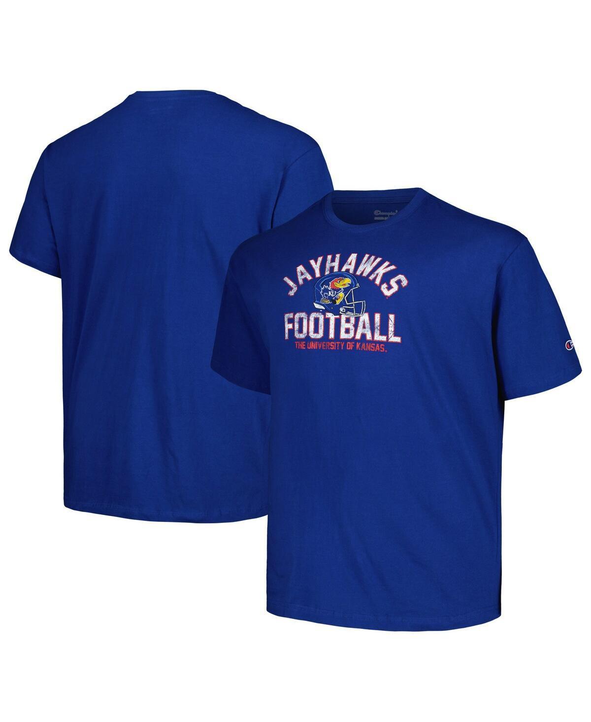 Mens Champion Royal Distressed Kansas Jayhawks Big and Tall Football Helmet T-shirt Product Image