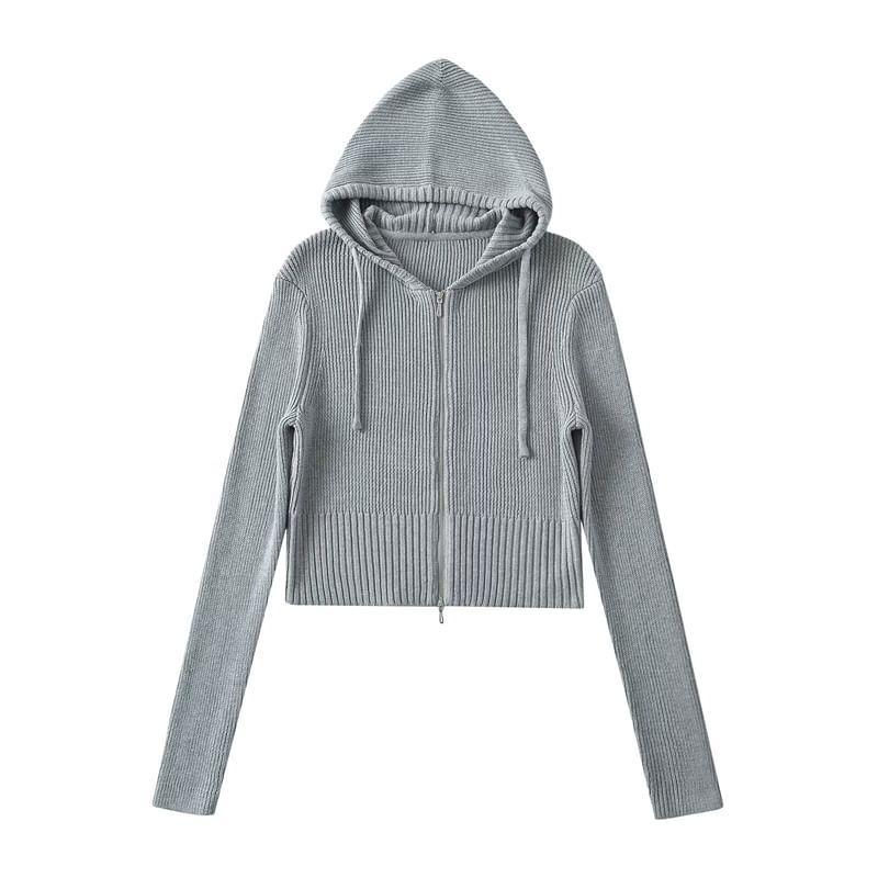 Drawstring Hooded Plain Zip Up Cropped Ribbed Knitted Cardigan Product Image