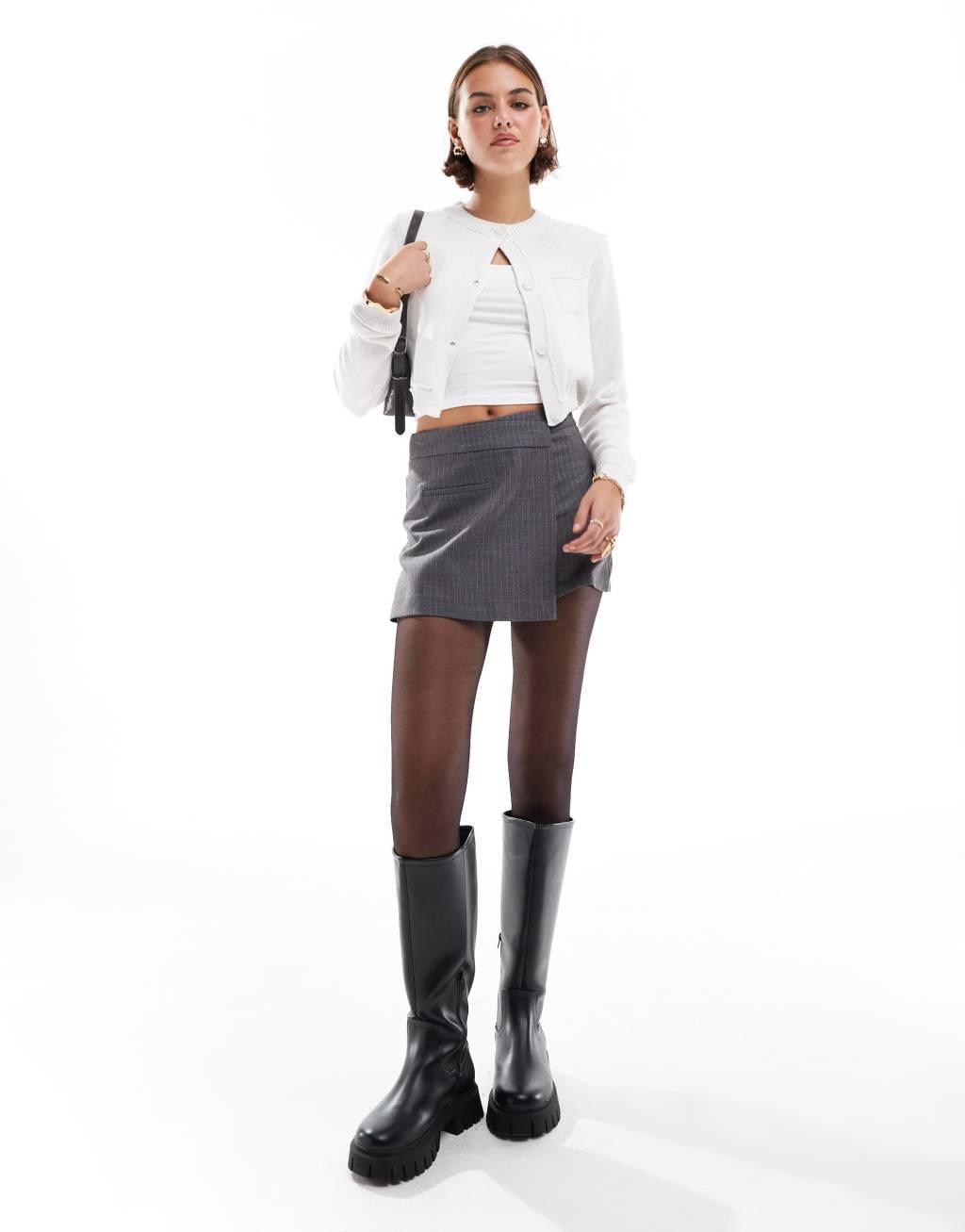 Stradivarius wrap skort in gray pinstripe Product Image