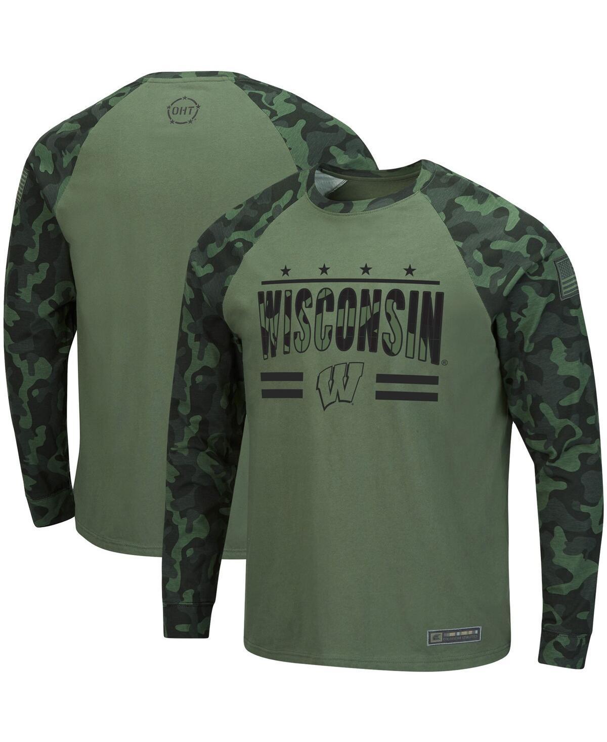 Mens Colosseum Olive/Camo Wisconsin Badgers OHT Military Appreciation Slim-Fit Raglan Long Sleeve T-Shirt Product Image