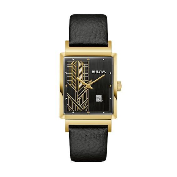 Men's Bulova Frank Lloyd Wright Gold-Tone Black Leather Strap Watch with Rectangular Dial (Model: 97A176) Product Image