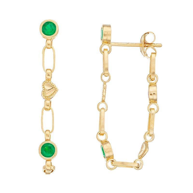 Kristen Kesho Sterling Silver Lab-Created Emerald Front-to-Back Heart Link Chain Hoop Earrings, Womens, Gold Tone Product Image