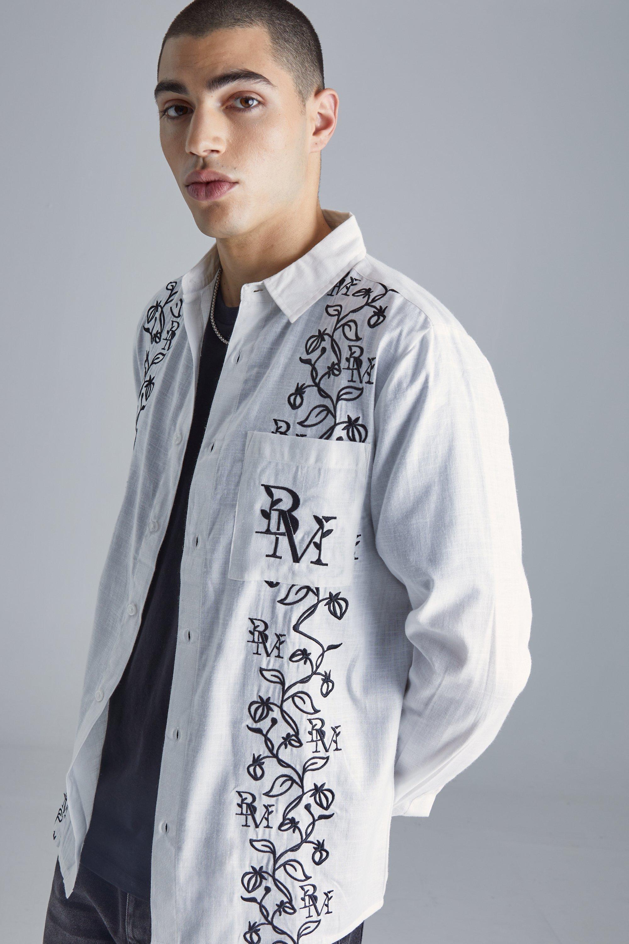 Long Sleeve Poplin Vine Embroidery Shirt | boohooMAN USA Product Image