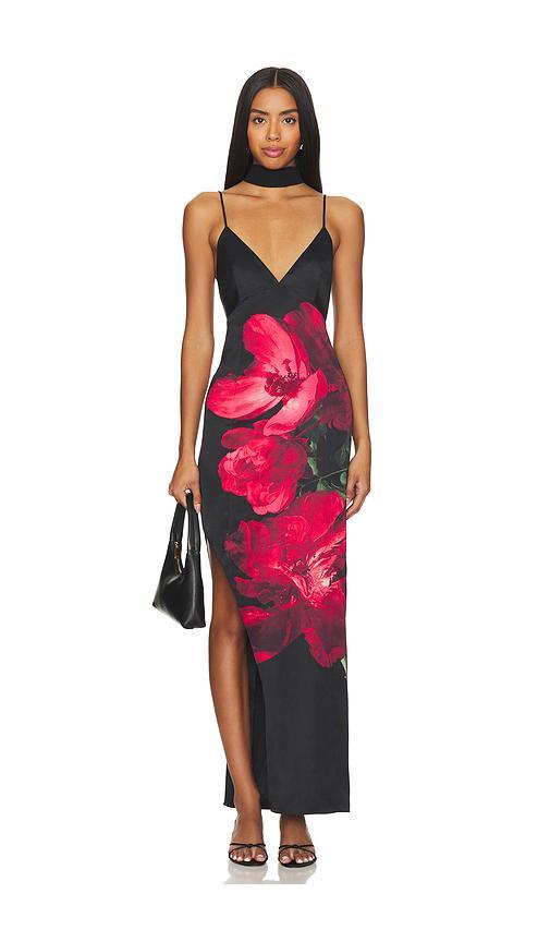 ALICE AND OLIVIA Monika Cut Away Cami Maxi Dress With Scarf In Peony Petals Bright Ruby Product Image