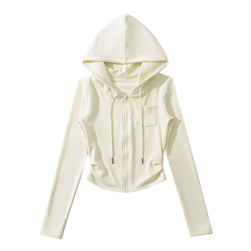 Plain Ruched Pocket Detail Zip Hoodie Product Image