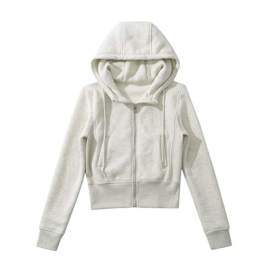 Drawstring Plain Crop Zip Hoodie Product Image