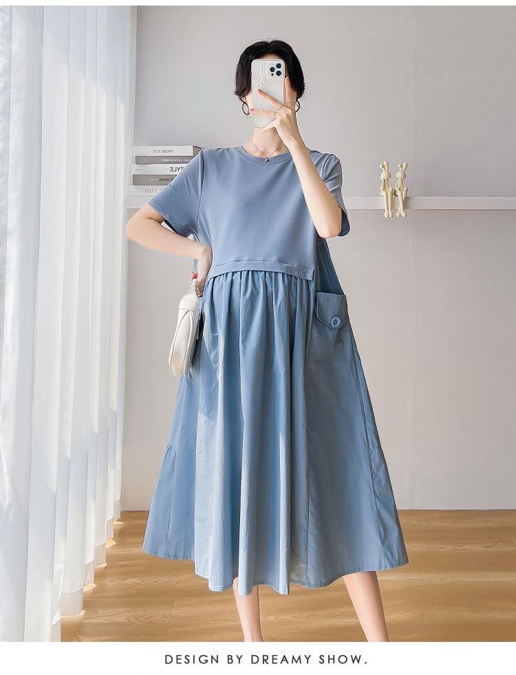 Maternity Short-Sleeve Crewneck Plain Midi A-Line Dress Product Image