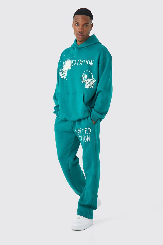 Oversized Graffiti Gusset Hooded Tracksuit | boohooMAN USA Product Image