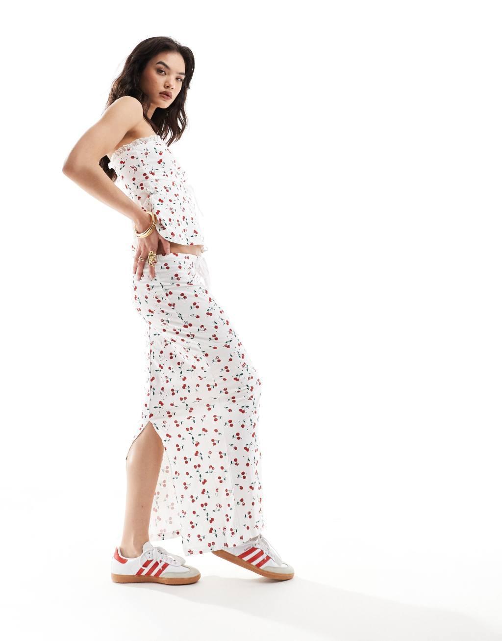 ASOS DESIGN broderie column skirt with tie in cherry print Product Image