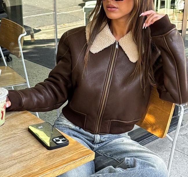 Long Sleeve Furry Collar Faux Leather Zip-Up Jacket Product Image