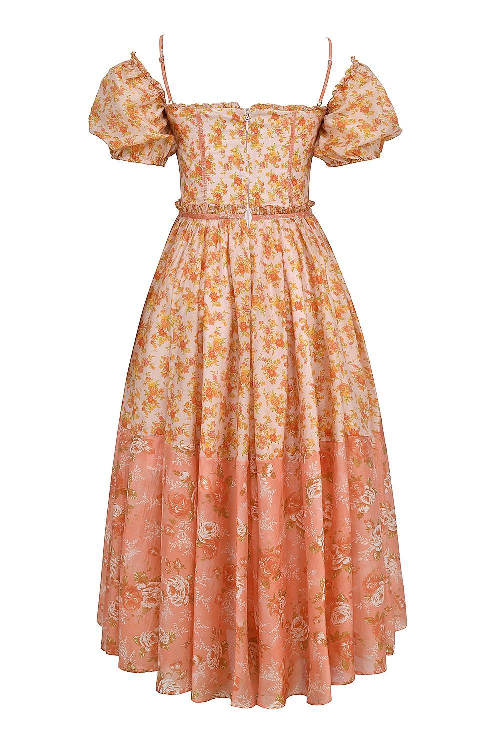 Penelope Peach Poppy Print Puff Sleeve Midi Sundress Product Image