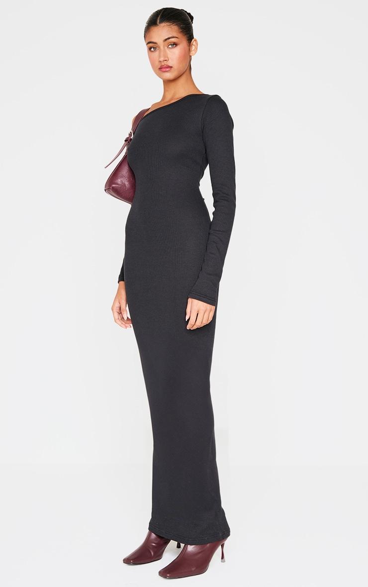 Black Ribbed One Shoulder Long Sleeve Maxi Dress product image