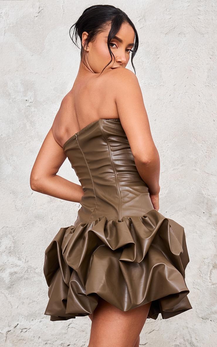 Brown Faux Leather Bandeau Puffball Mini Dress Product Image