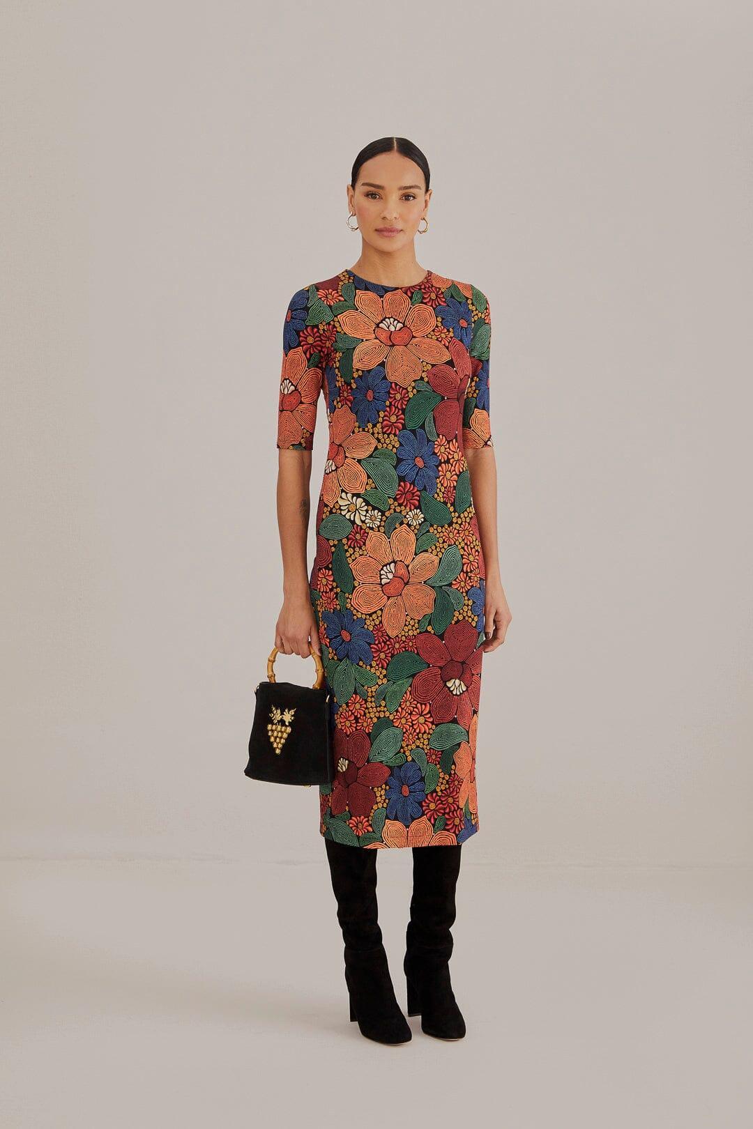 Black Stitched Flowers Lenzing Ecovero Viscose Midi Dress, STITCHED FLOWERS BLACK / L Product Image