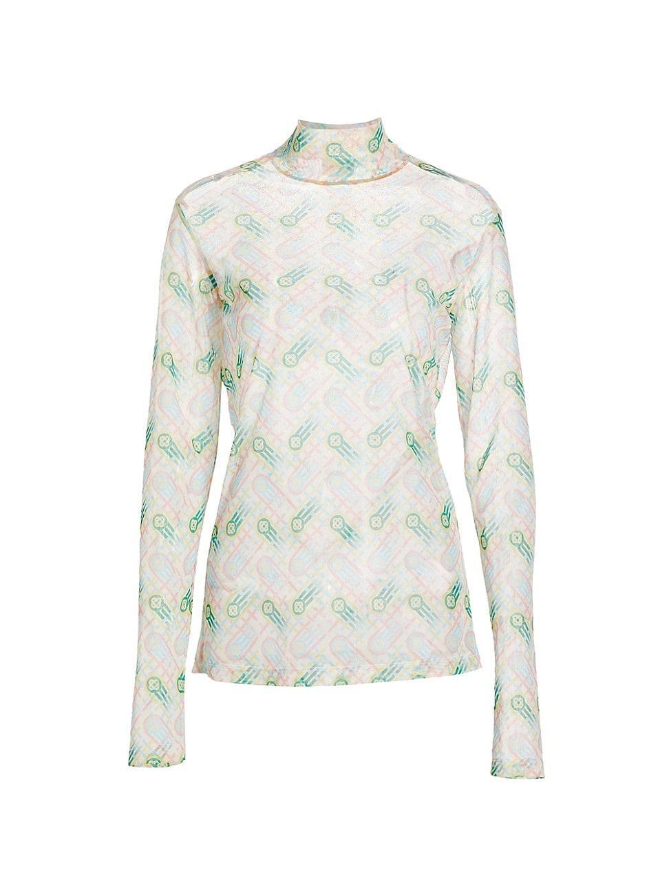 Womens Printed Mesh Turtleneck Blouse Product Image